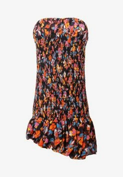 Saint Laurent Strapless Floral Print Dress In Silk Multicolor