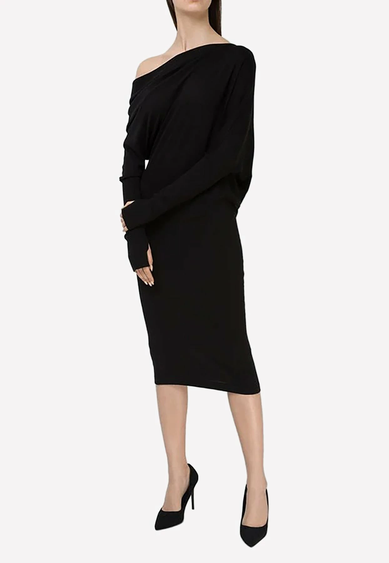 Tom Ford Draped Shoulder Cashmere And Silk Midi Dress Black 2 Tom Ford Draped Shoulder Cashmere And Silk Midi Dress Black - Image 2