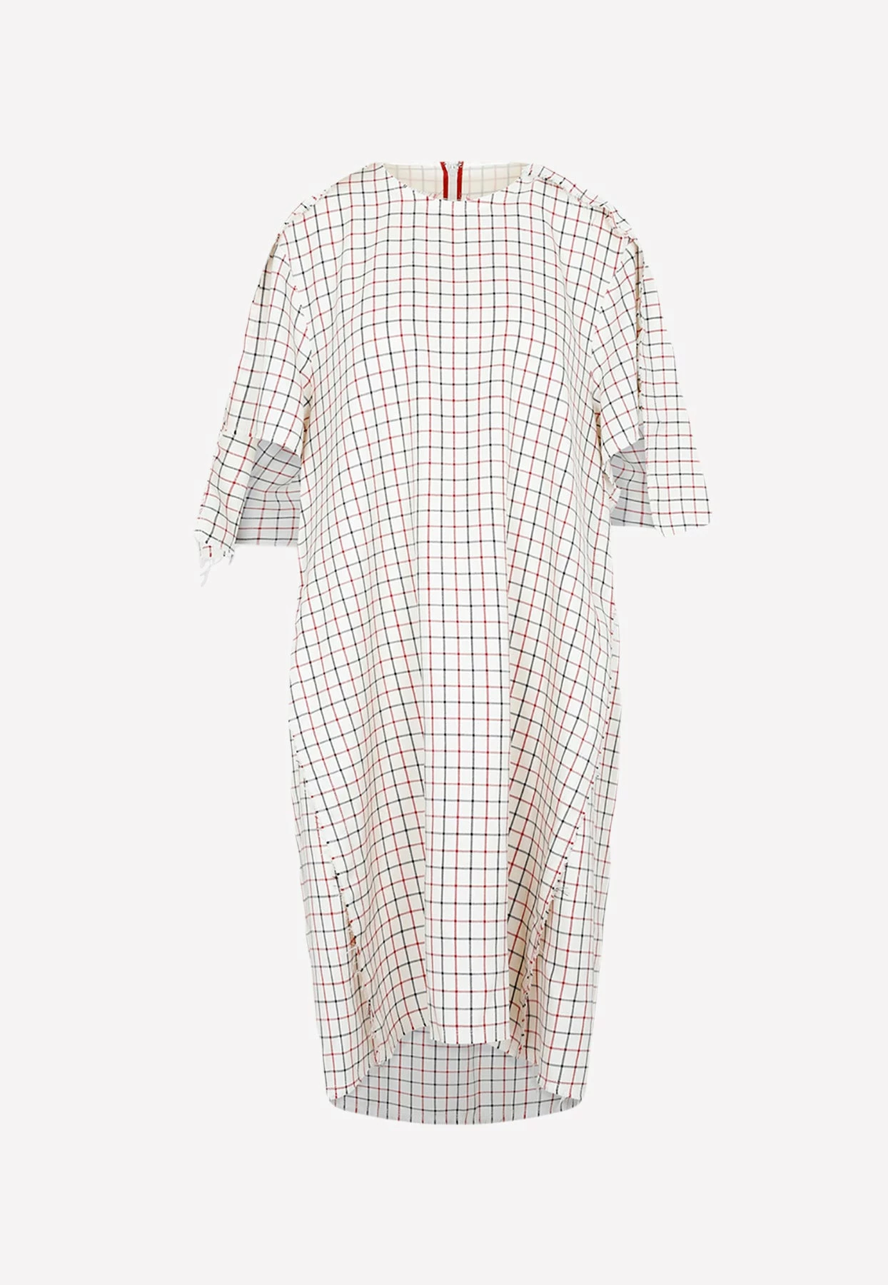 Maison Margiela Checked Midi Dress With Asymmetrical Sleeves Ecru 1 Maison Margiela Checked Midi Dress With Asymmetrical Sleeves Ecru