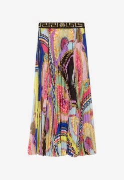 Versace Signature Print Pleated Midi Skirt Multicolor