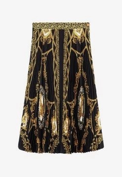 Versace Signature-Print Pleated Midi Skirt Black