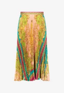 Versace Signature-Print Pleated Midi Skirt Multicolor
