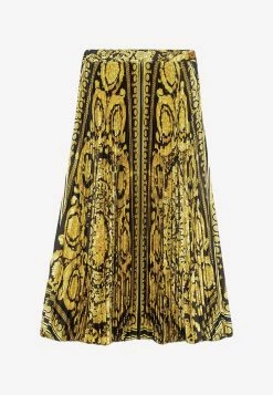 Versace Barocco Print Pleated Midi Skirt Yellow