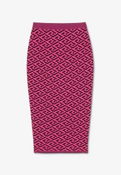Versace La Greca Jacquard Midi Pencil Skirt Pink