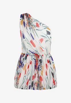 Saint Laurent One-Shoulder Pleated Floral Mini Dress Multicolor
