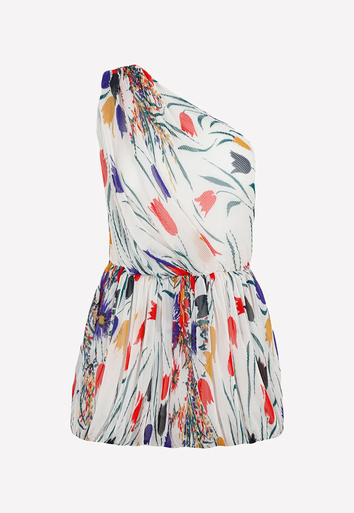 Saint Laurent One-Shoulder Pleated Floral Mini Dress Multicolor 1 Saint Laurent One-Shoulder Pleated Floral Mini Dress Multicolor