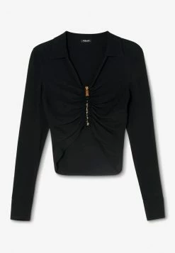 Versace Medusa Ruched Zip-Up Cropped Shirt Black