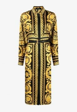 Versace Baroque Print Belted Shirt Dress Yellow