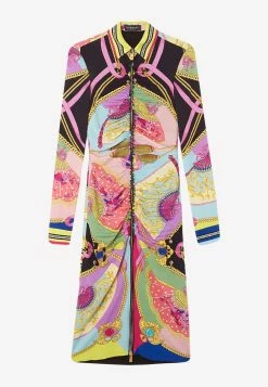 Versace Signature Print Midi Shirt Dress In Silk Multicolor