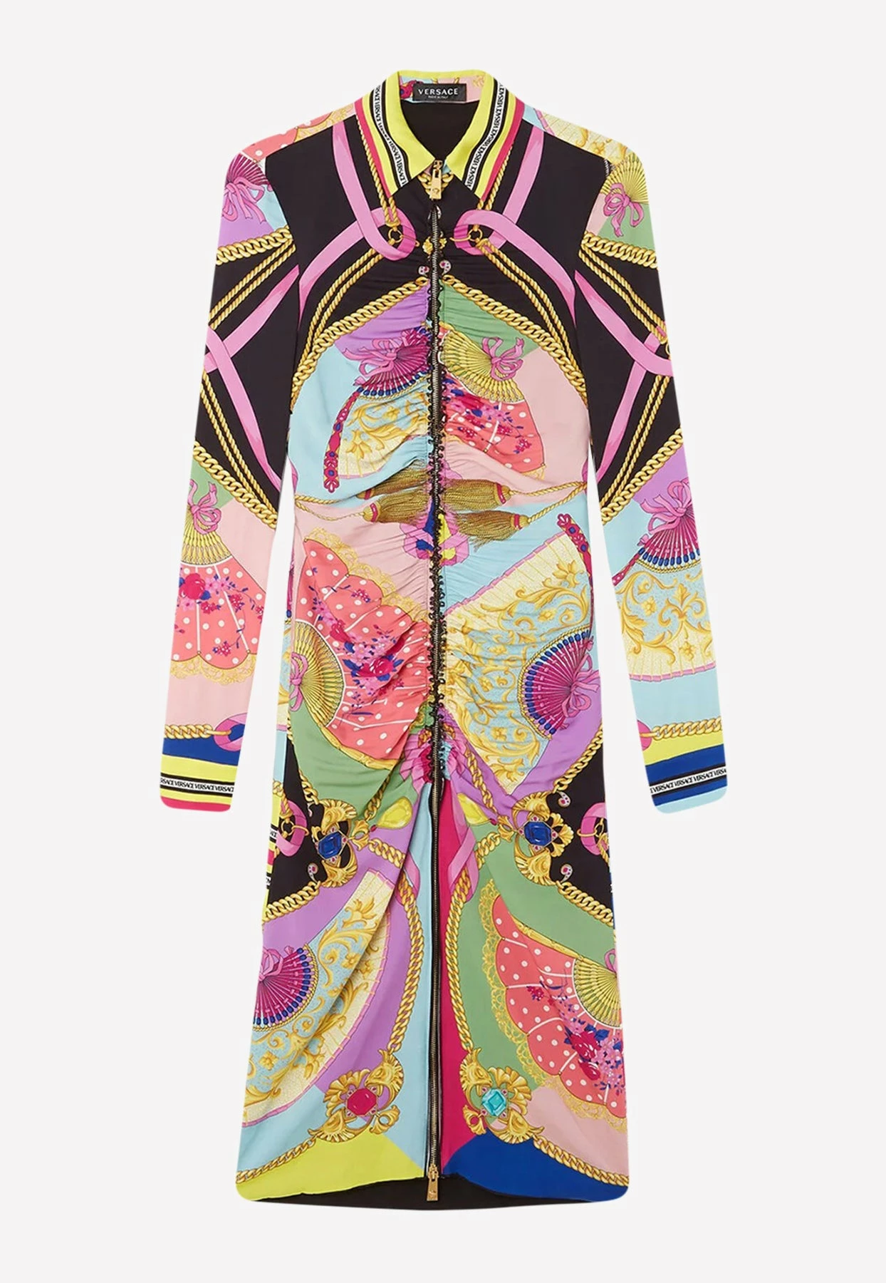 Versace Signature Print Midi Shirt Dress In Silk Multicolor 1 Versace Signature Print Midi Shirt Dress In Silk Multicolor