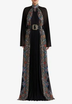 Etro Long Pleated Georgette Paisley Printed Maxi Dress Black