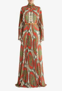Etro Long Pleated Georgette Paisley Printed Maxi Dress Multicolor