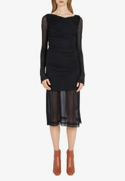 Salvatore Ferragamo Ruched Sheer Midi Dress Black