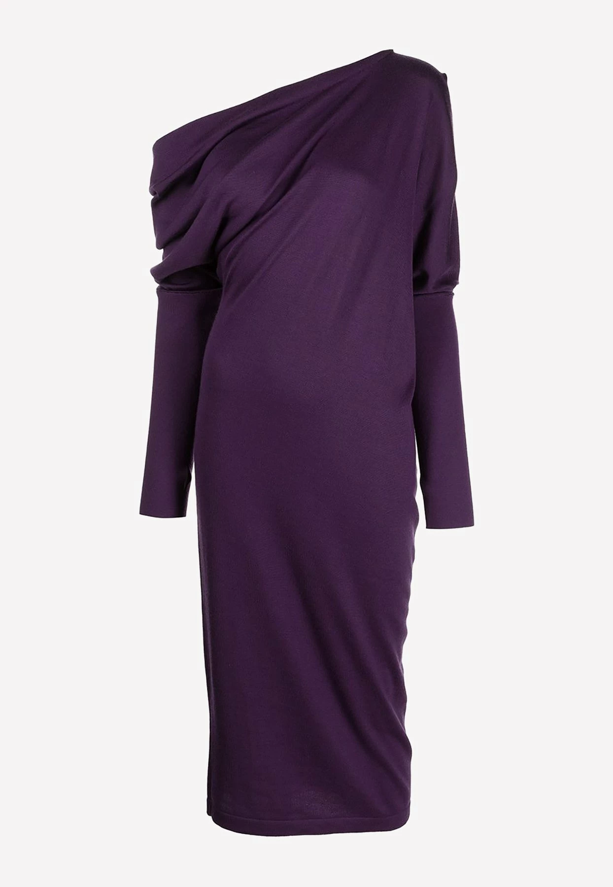 Tom Ford Draped Shoulder Cashmere And Silk Midi Dress Purple 1 Tom Ford Draped Shoulder Cashmere And Silk Midi Dress Purple