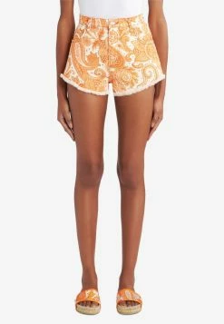Etro Liquid Paisley Fringed Mini Shorts Orange