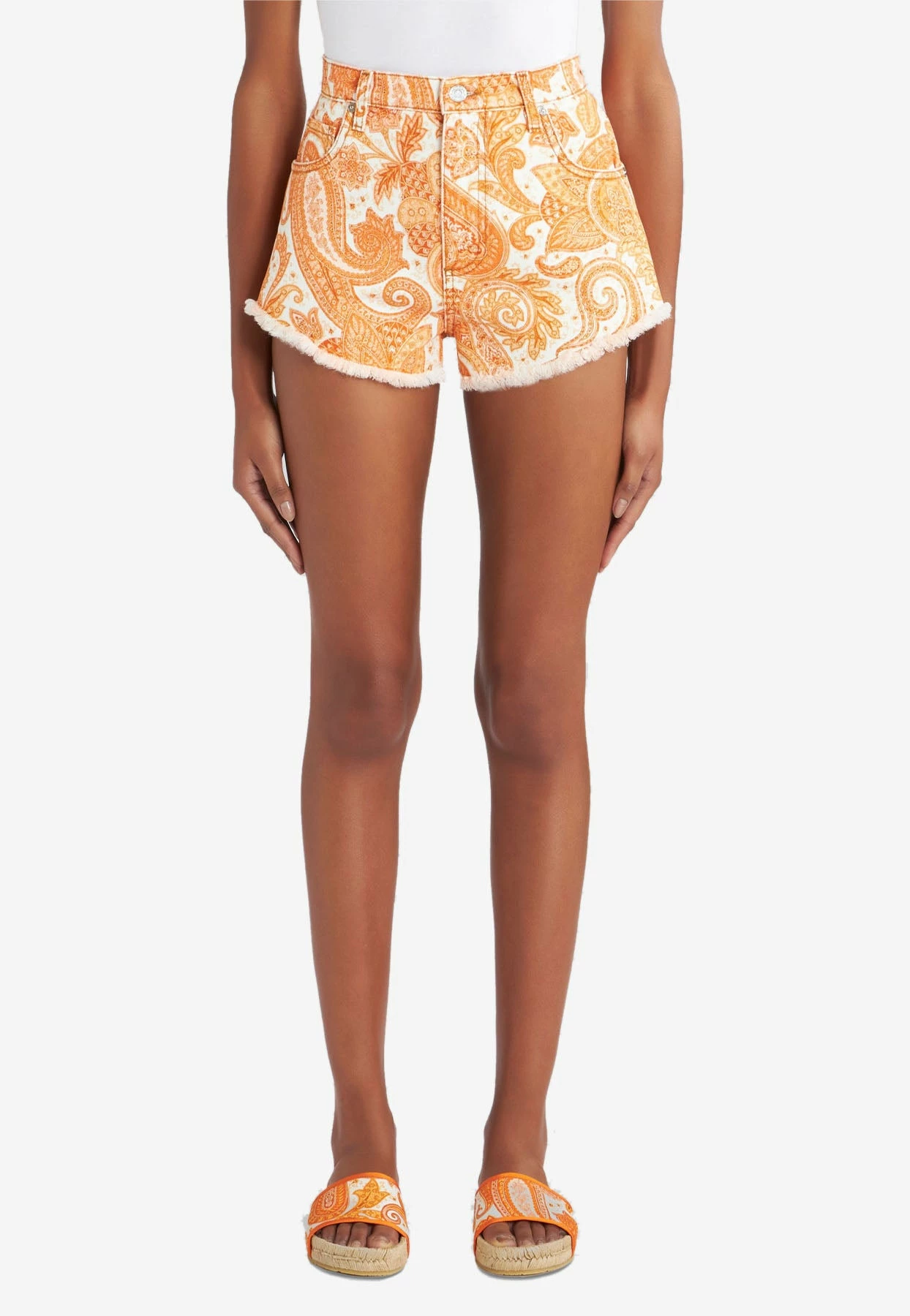 Etro Liquid Paisley Fringed Mini Shorts Orange 1 Etro Liquid Paisley Fringed Mini Shorts Orange