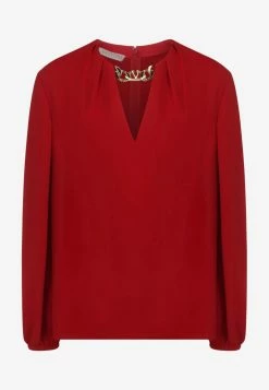 Valentino V-neck Cady Couture Blouse With VLogo Chain Red