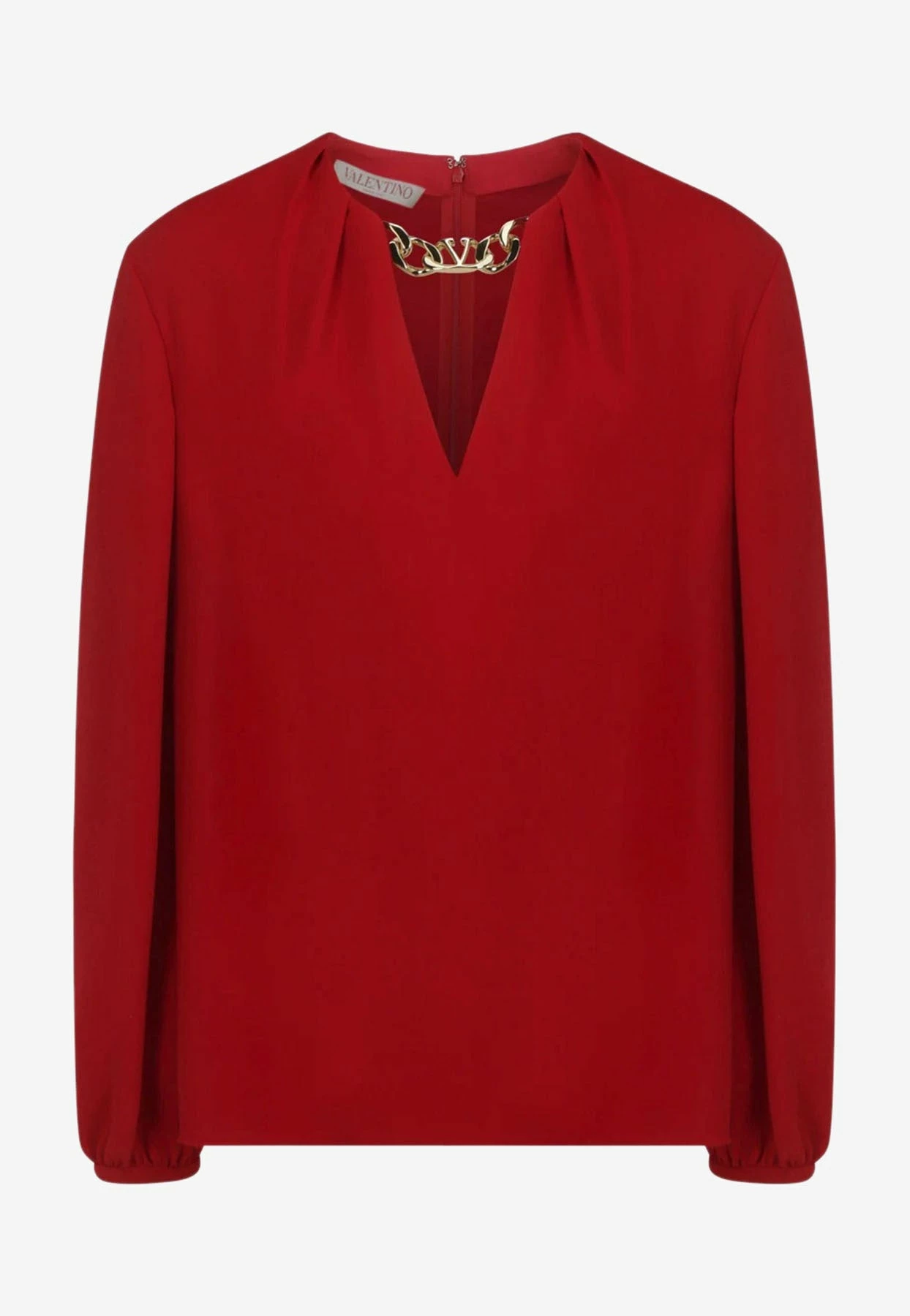 Valentino V-neck Cady Couture Blouse With VLogo Chain Red 1 Valentino V-neck Cady Couture Blouse With VLogo Chain Red