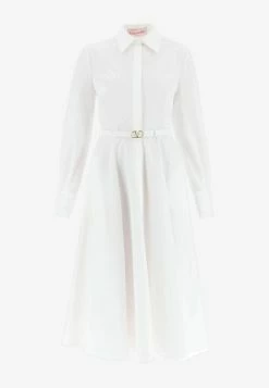 Valentino Long-Sleeved Midi Shirt Dress With VLogo Belt White