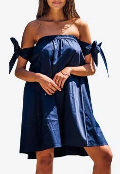 Les Canebiers Marronnier Off-Shoulder Mini Dress With Sleeve Knots Blue
