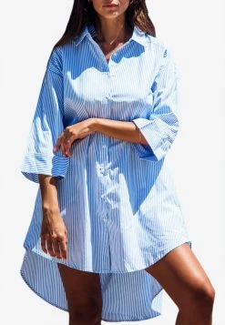 Les Canebiers Citadelle Striped Button-Up Shirt Dress Blue