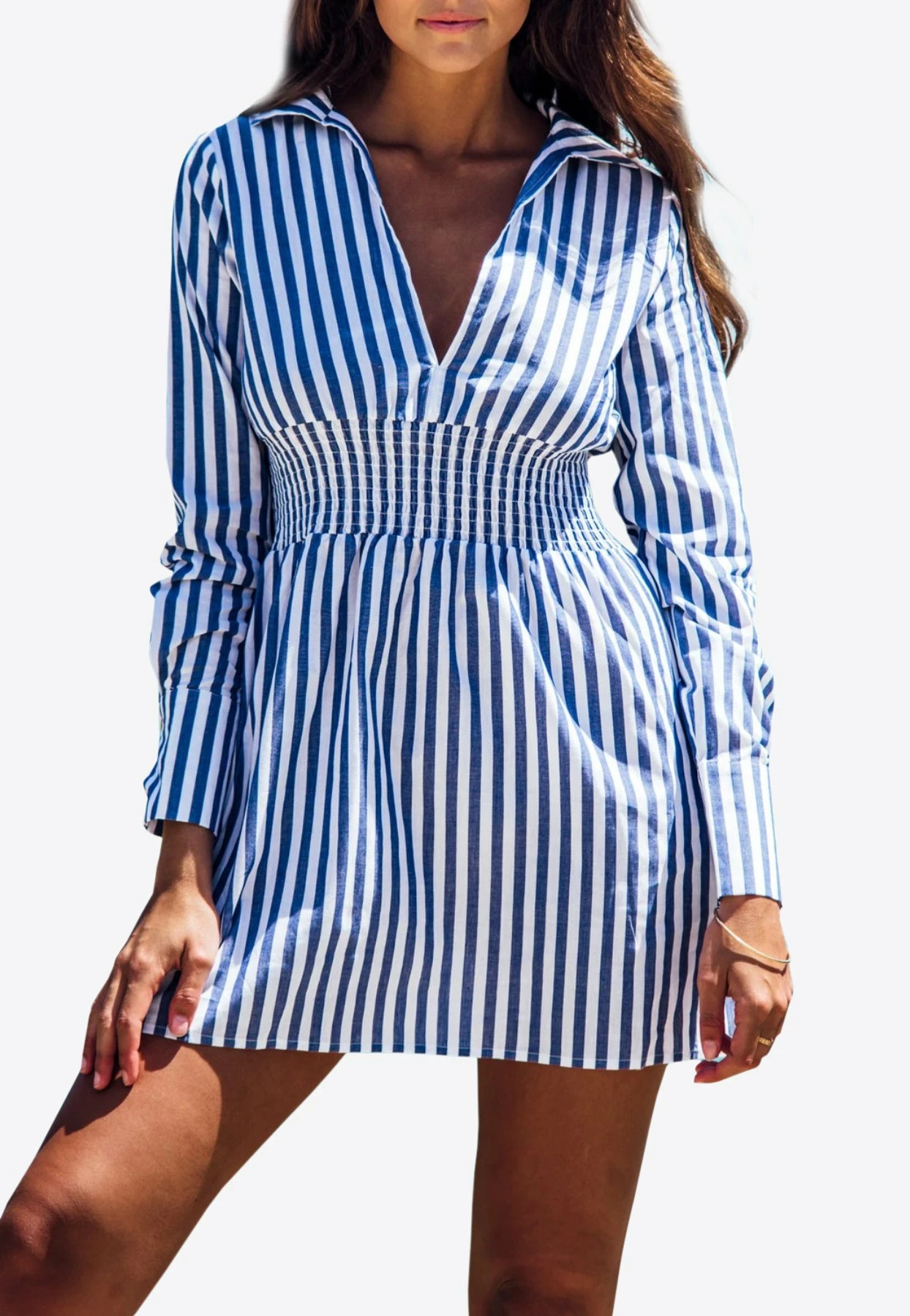 Les Canebiers Vignes Elastic Waist Striped Mini Dress Blue 1 Les Canebiers Vignes Elastic Waist Striped Mini Dress Blue