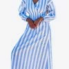 Les Canebiers Eau Vive Elastic Waist Striped Maxi Dress Blue