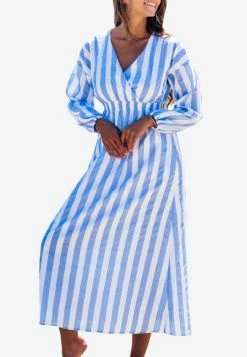 Les Canebiers Eau Vive Elastic Waist Striped Maxi Dress Blue