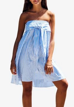 Les Canebiers Marronnier Striped Off-Shoulder Mini Dress With Sleeve Knots Blue