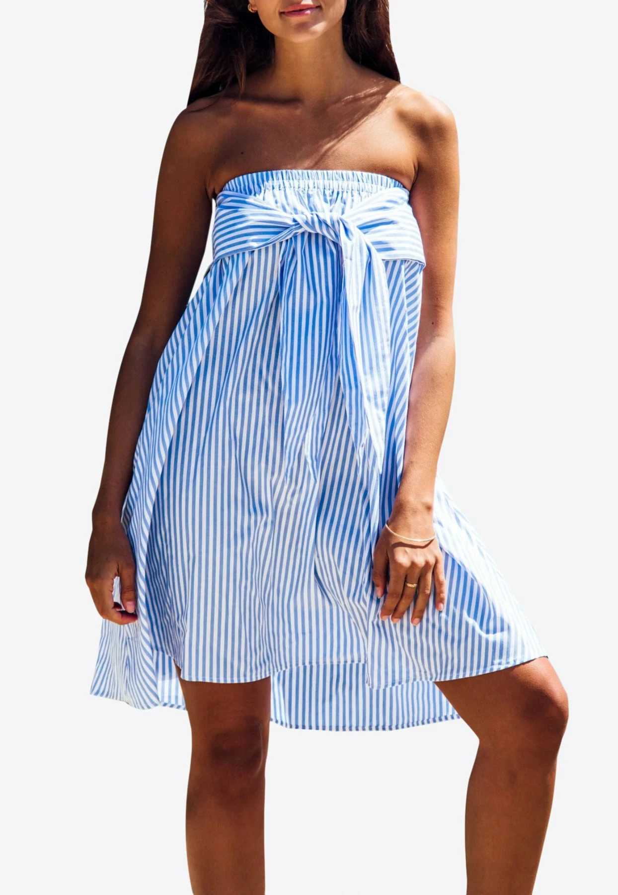 Les Canebiers Marronnier Striped Off-Shoulder Mini Dress With Sleeve Knots Blue 1 Les Canebiers Marronnier Striped Off-Shoulder Mini Dress With Sleeve Knots Blue