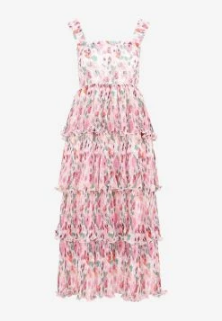 GANNI Floral Print Pleated Smock Midi Dress Multicolor