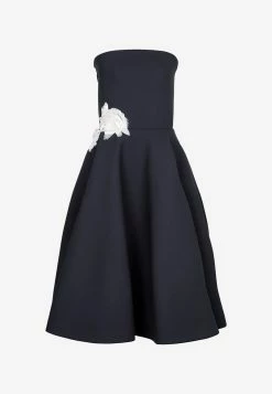 Lanvin Flower Applique Strapless Midi Dress Midnight Blue