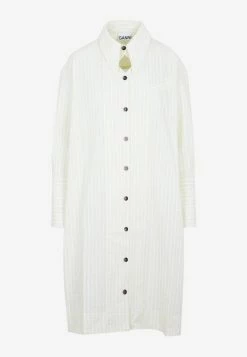 GANNI Striped Seersucker Midi Shirt Dress Yellow