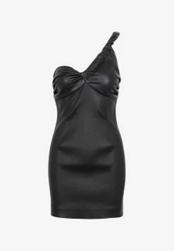 The Mannei Saint Pierre One-Shoulder Mini Leather Dress Black