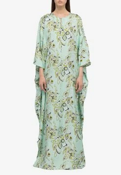 Emilio Pucci Africana Print Silk Kaftan Maxi Dress Mint