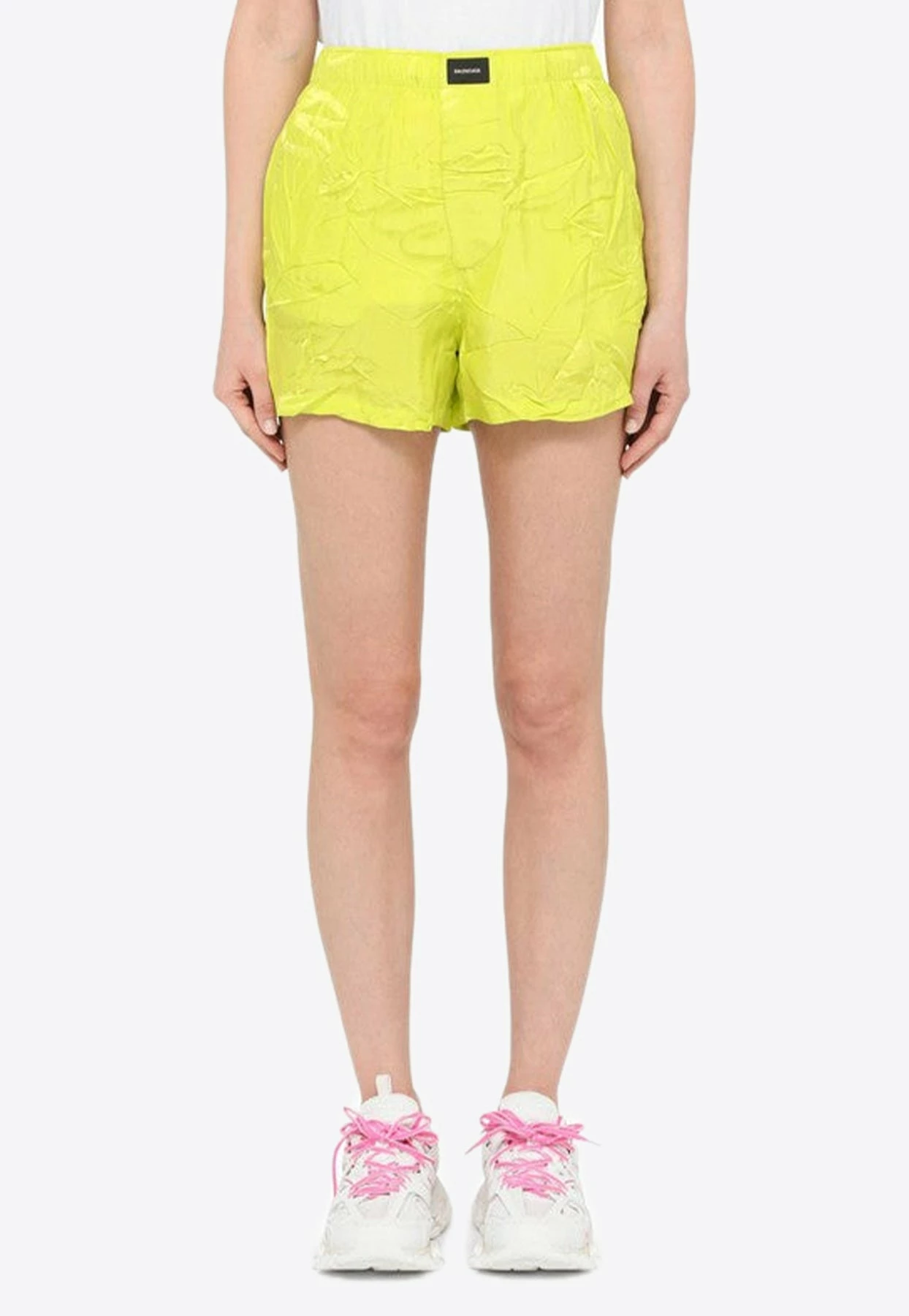 Balenciaga Logo Patch Creased-Effect Shorts Yellow 1 Balenciaga Logo Patch Creased-Effect Shorts Yellow