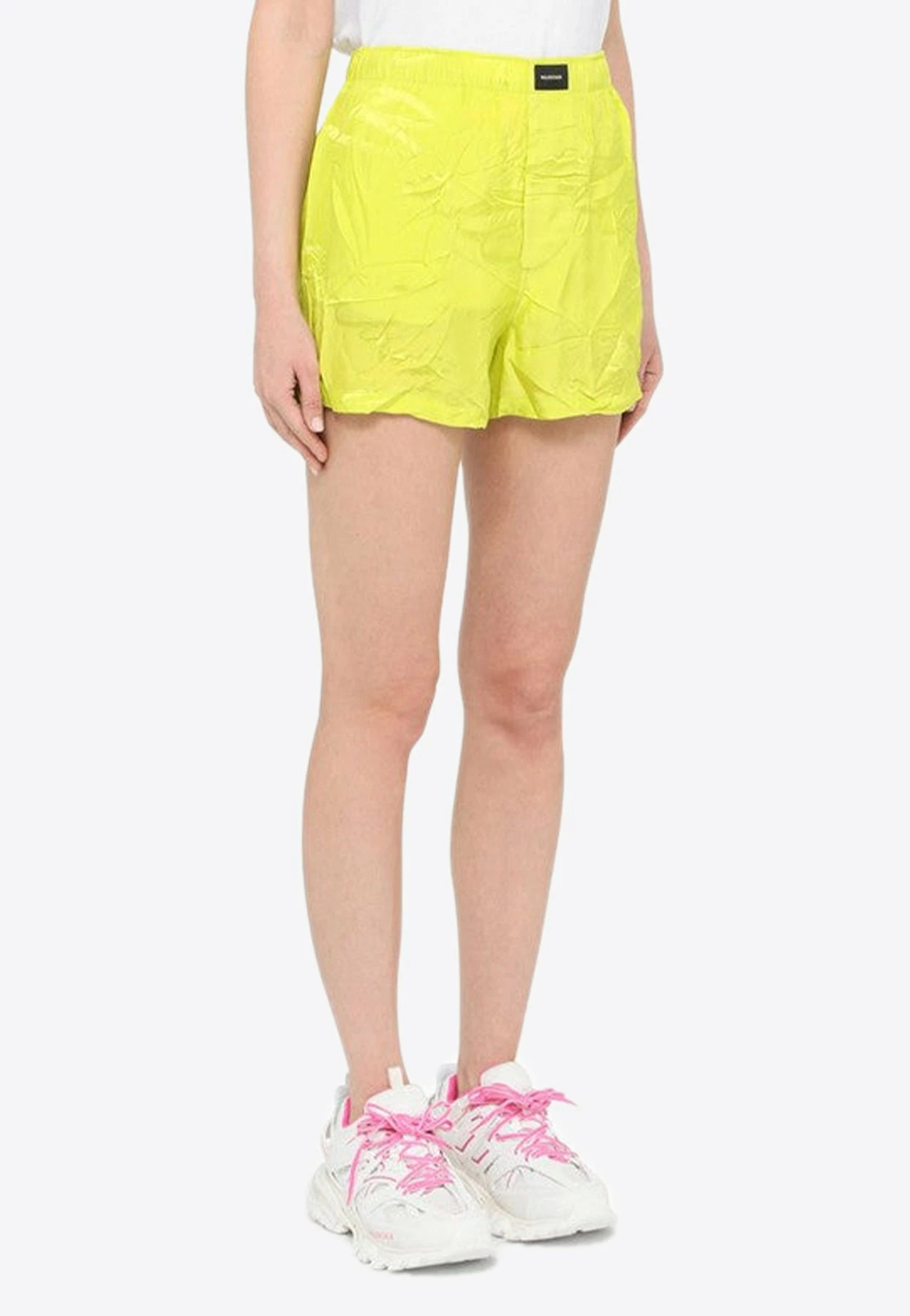 Balenciaga Logo Patch Creased-Effect Shorts Yellow 2 Balenciaga Logo Patch Creased-Effect Shorts Yellow - Image 2