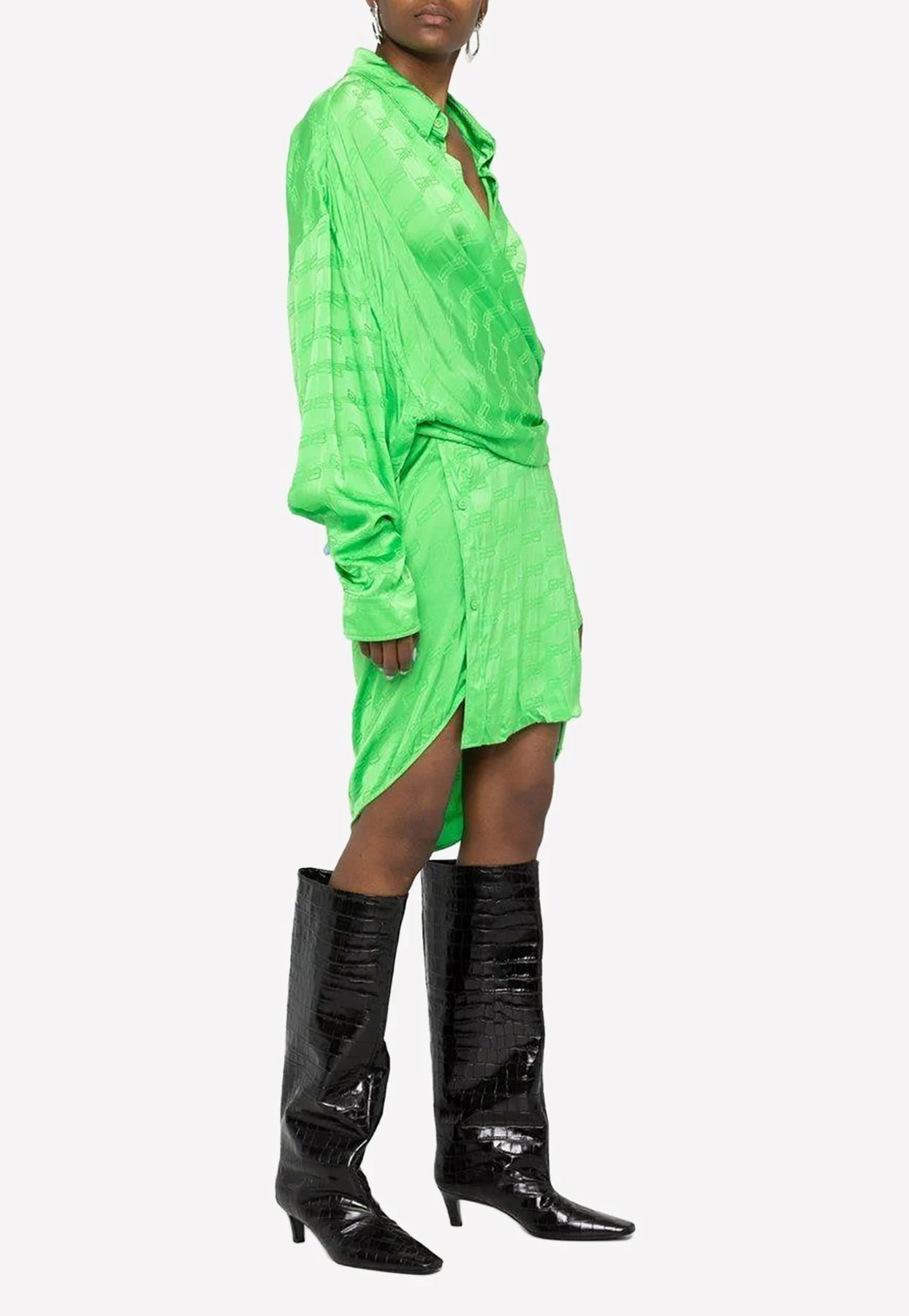 Balenciaga BB Monogram Jacquard Asymmetric Wrap Dress Green 2 Balenciaga BB Monogram Jacquard Asymmetric Wrap Dress Green - Image 2