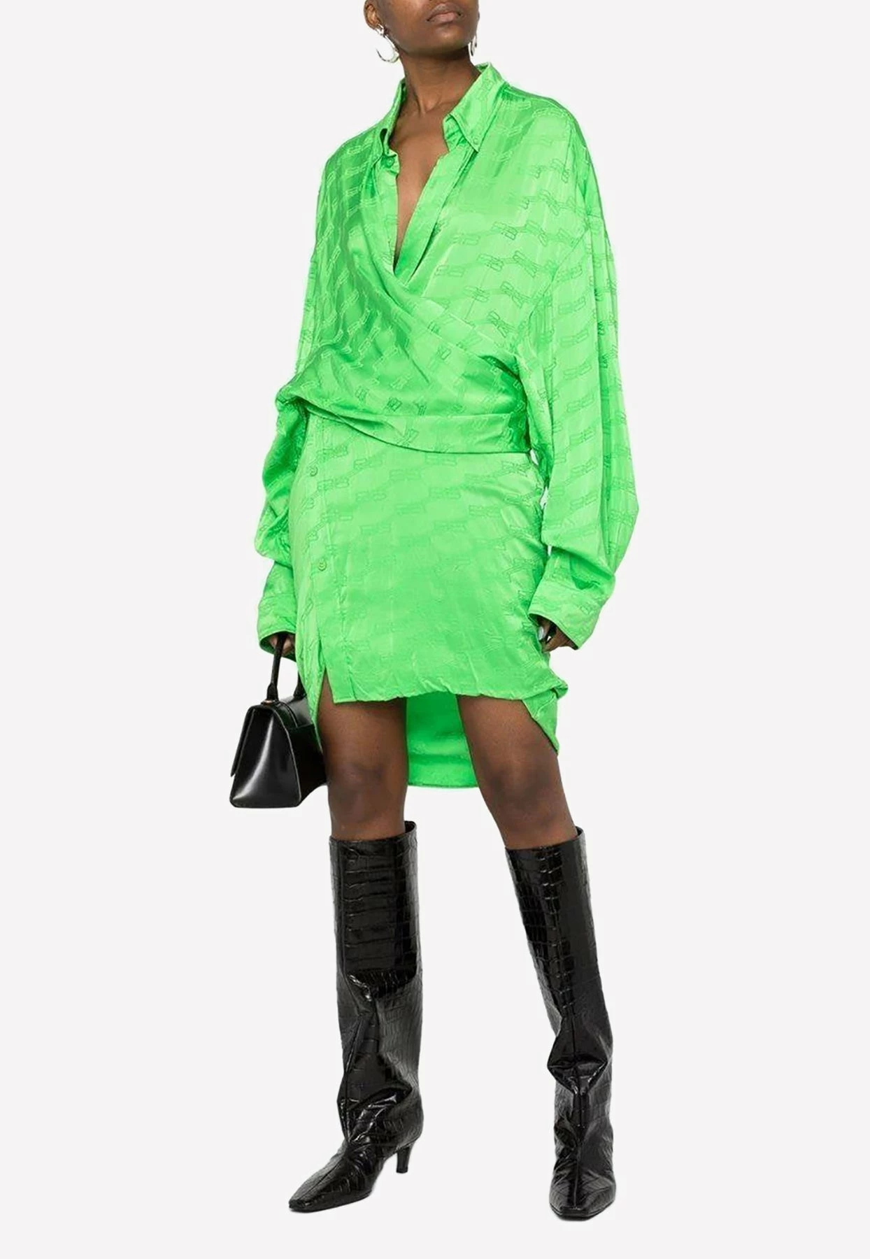 Balenciaga BB Monogram Jacquard Asymmetric Wrap Dress Green 1 Balenciaga BB Monogram Jacquard Asymmetric Wrap Dress Green
