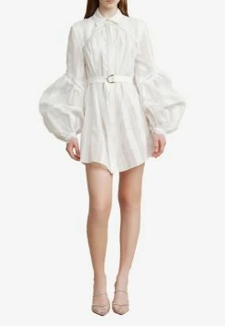 Acler Rusper Belted Mini Dress With Accentuated Sleeves Ivory
