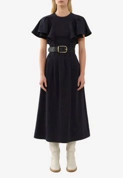 ChloƩ High-Waist Pleated Midi Skirt Navy