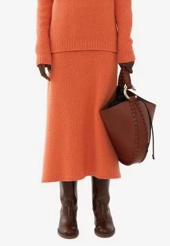 ChloƩ Knitted Cashmere Flared Maxi Skirt Orange