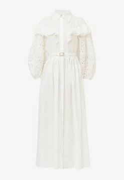 Chloé Balloon-Sleeved Ruffed Yoke Midi Dress White -Evening Dresses Popular Store CHC22ARO24134107 20ICONIC 20MILK 202
