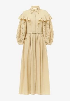 Chloé Balloon-Sleeved Ruffed Yoke Midi Dress Beige -Evening Dresses Popular Store CHC22ARO2413420M 20PASTEL 20PINK 202