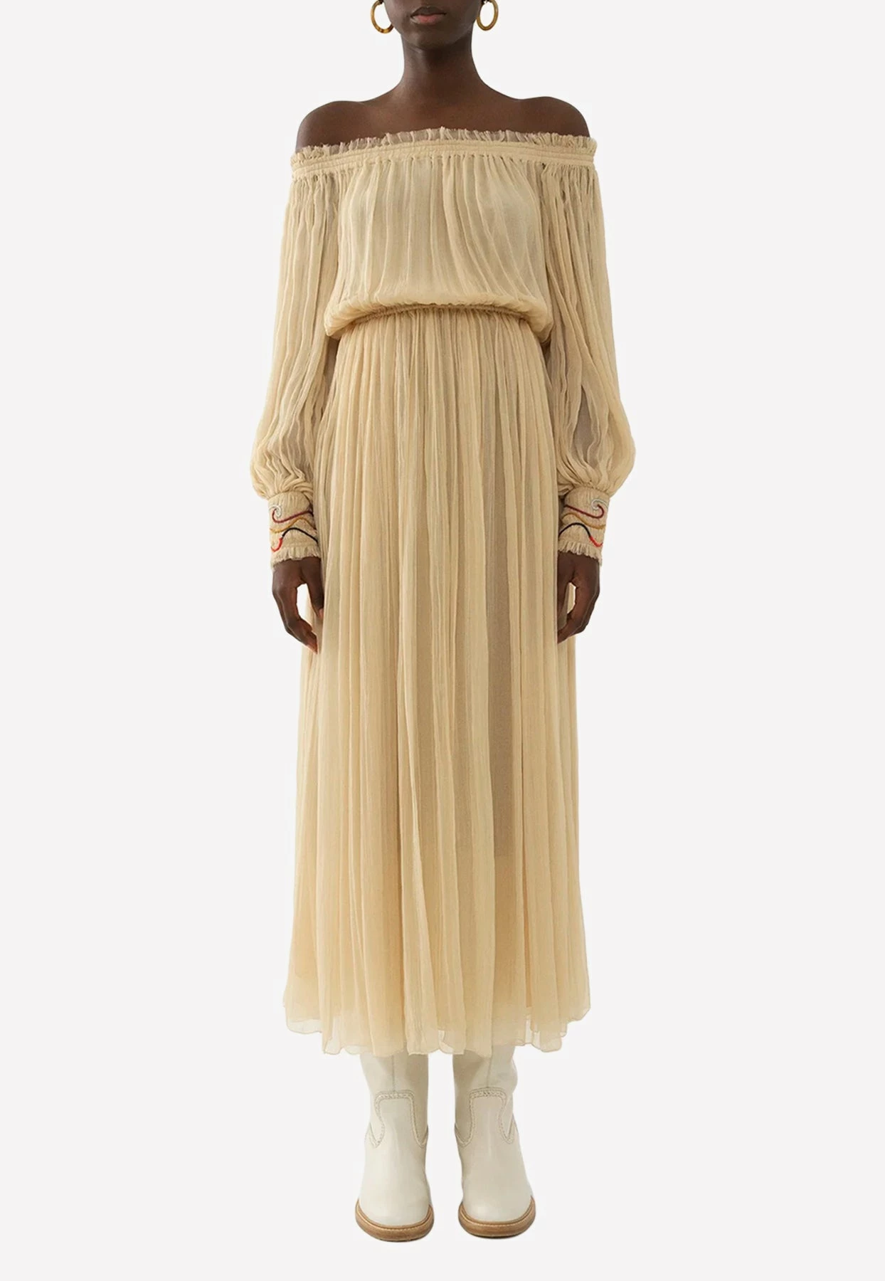 Chloé Off-Shoulder Gathered Silk Crepe Midi Dress Beige 1 Chloé Off-Shoulder Gathered Silk Crepe Midi Dress Beige