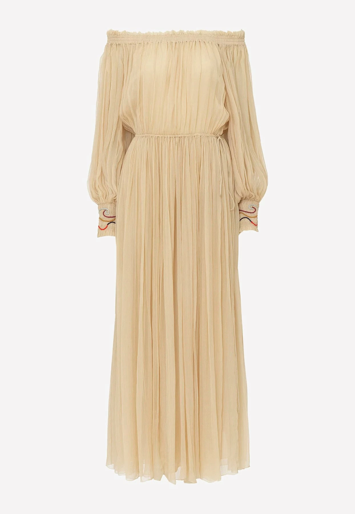 Chloé Off-Shoulder Gathered Silk Crepe Midi Dress Beige 3 Chloé Off-Shoulder Gathered Silk Crepe Midi Dress Beige - Image 3