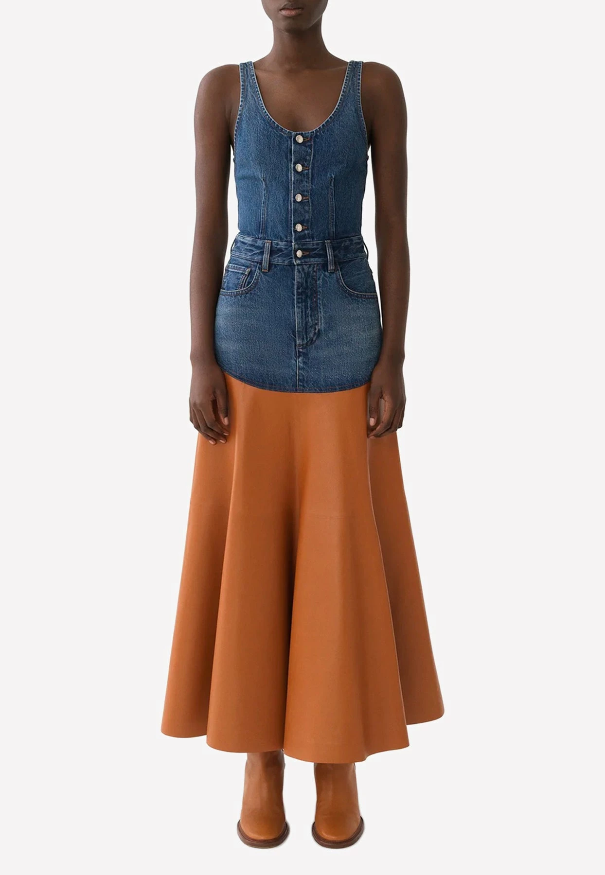 Chloé Sleeveless Flared Maxi Dress In Denim And Leather Blue 1 Chloé Sleeveless Flared Maxi Dress In Denim And Leather Blue