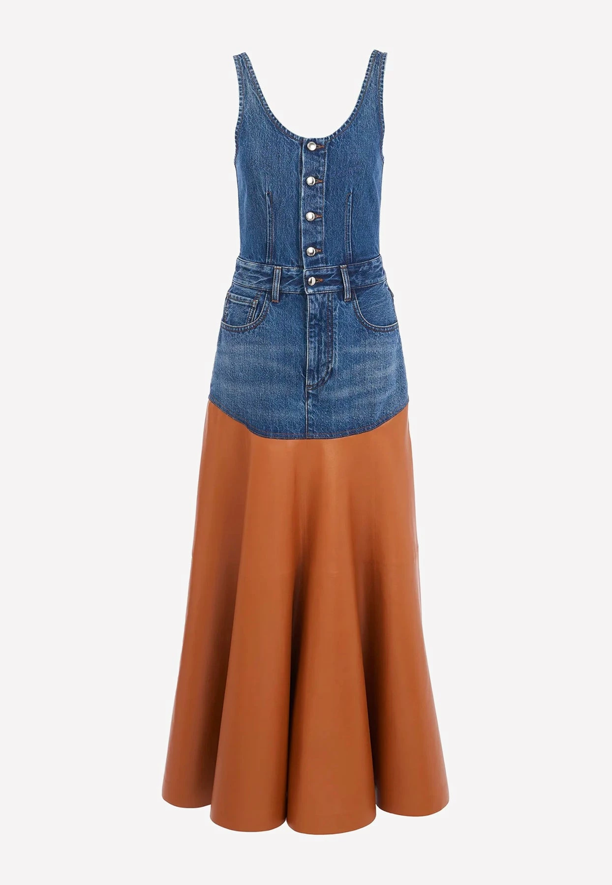 Chloé Sleeveless Flared Maxi Dress In Denim And Leather Blue 3 Chloé Sleeveless Flared Maxi Dress In Denim And Leather Blue - Image 3
