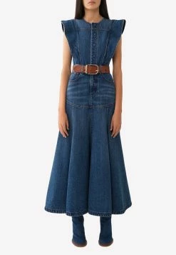 ChloƩ Flared Maxi Denim Dress Blue