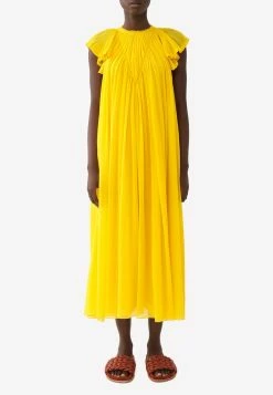 ChloƩ Gathered Cap-Sleeved Midi Dress Yellow